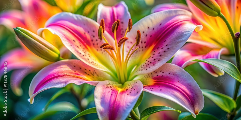 Fototapeta premium Stunning Lily Flower Portraits: Close-Up Photography of White, Pink, and Yellow Lilies