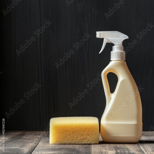 Spray Bottle with Cleaning Solution and Yellow Sponge on Wooden Surface for Home Cleaning and Sanitation Purposes photo