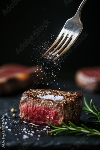 Gourmet steak with salt and rosemary on black slate background
