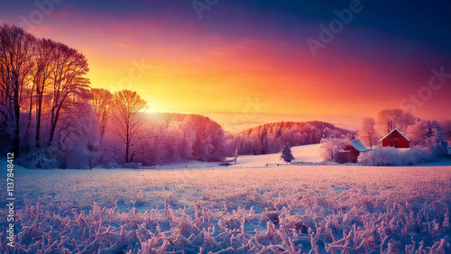 Wallpaper Mural Beautiful sunset of a frosty farm landscape in winter evening Torontodigital.ca