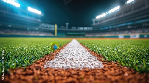 Close-Up View of Baseball Infield with White Chalk Line at Night Game photo