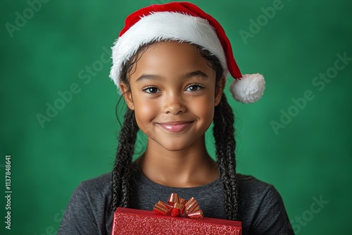 Isolated white black adolescent girl in red red hat with acation box in hands, on green background. Copy space. Santa hat gift. Santa hat kid. Studio santa design. Professional christmas dec. photo