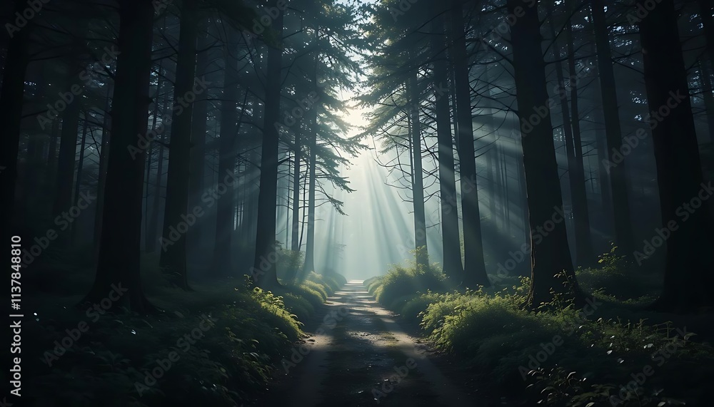 Fototapeta premium Silhouette of a forest path with rays of light streaming through
