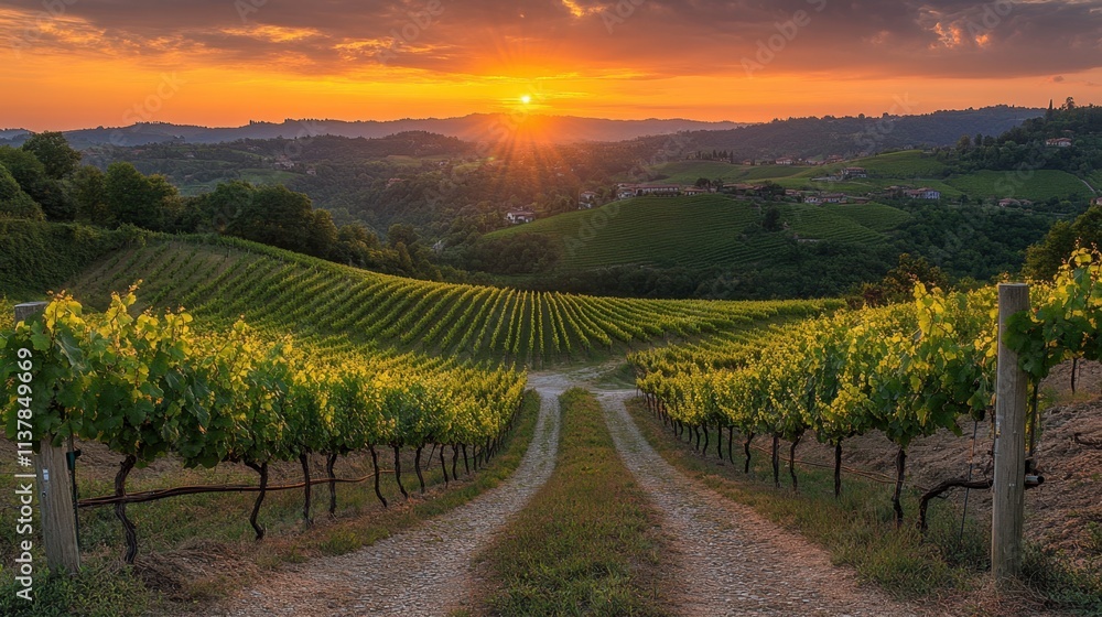 Naklejka premium Scenic Vineyard Landscape with Sunset Over Rolling Hills and Green Grapevines
