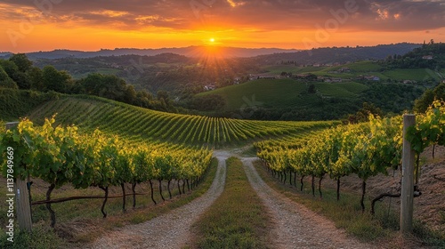 Wallpaper Mural Scenic Vineyard Landscape with Sunset Over Rolling Hills and Green Grapevines Torontodigital.ca