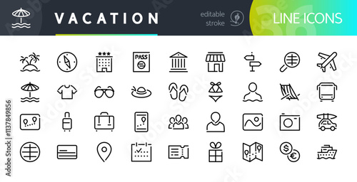 Set of 36 Vaction Line Icons with Editable Stroke. Suitable for web, infographics and apps. Isolated on white background.