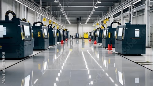 Modern Industrial Factory with Rows of CNC Machines, Bright Lighting, and Clean Reflective Floor

 photo