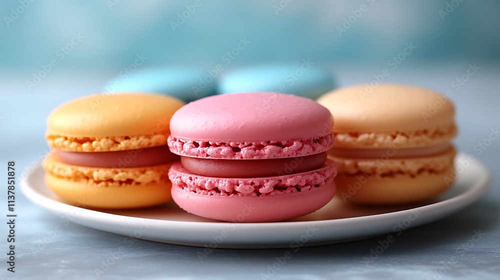 Obraz premium Colorful Macarons Arranged on a White Plate