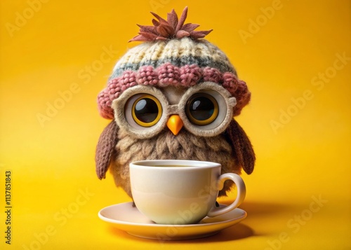 Cute Owl Coffee Lover: Bird Eye View, Yellow Background, Adorable Hat, Glasses, Coffee Mug photo