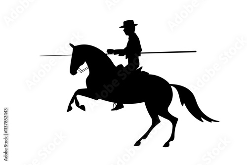 Silhouette of a horse rider holding a lance in traditional attire