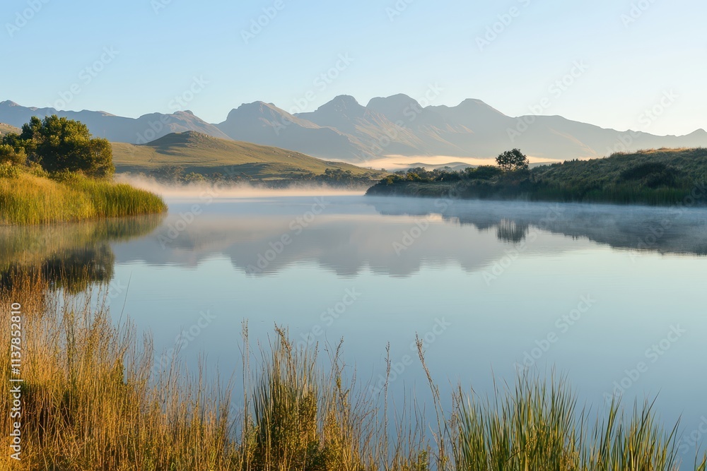 Obraz premium A serene lake at dawn, its still water reflecting the surrounding mist and towering mountains.