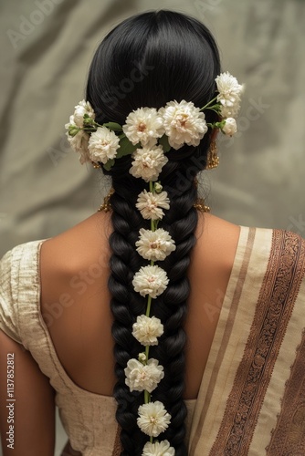 Elegant traditional hairstyle with floral decoration on long braid