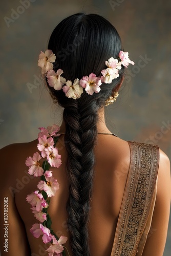 Elegant braid with floral adornments on woman in traditional attire