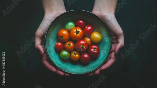 Vibrant heirloom tomatoes cradled in hands on a dark background