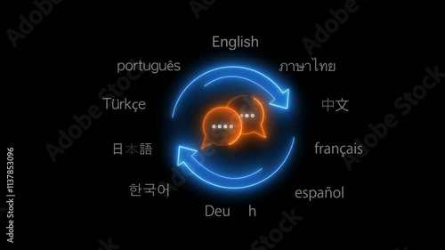 Translator app, language course and e-learning concept for translate worldwide language conversation. Glowing neon line of translation icon on transparent background.
