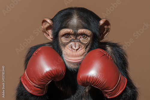 Chimpanzee stands confidently with red boxing gloves, showcasing playful combat readiness in a dynamic pose photo