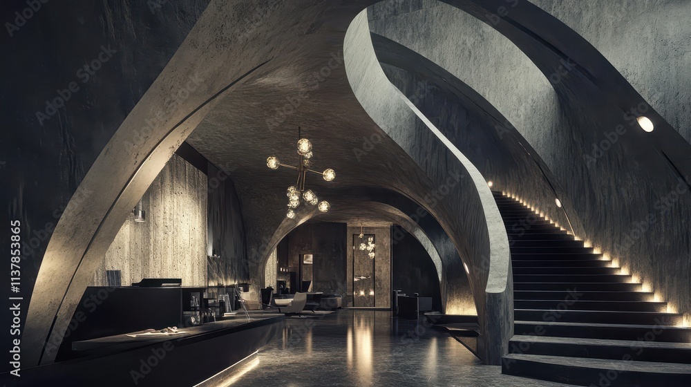 Obraz premium Luxurious Modern Lobby Interior with Dramatic Staircase.