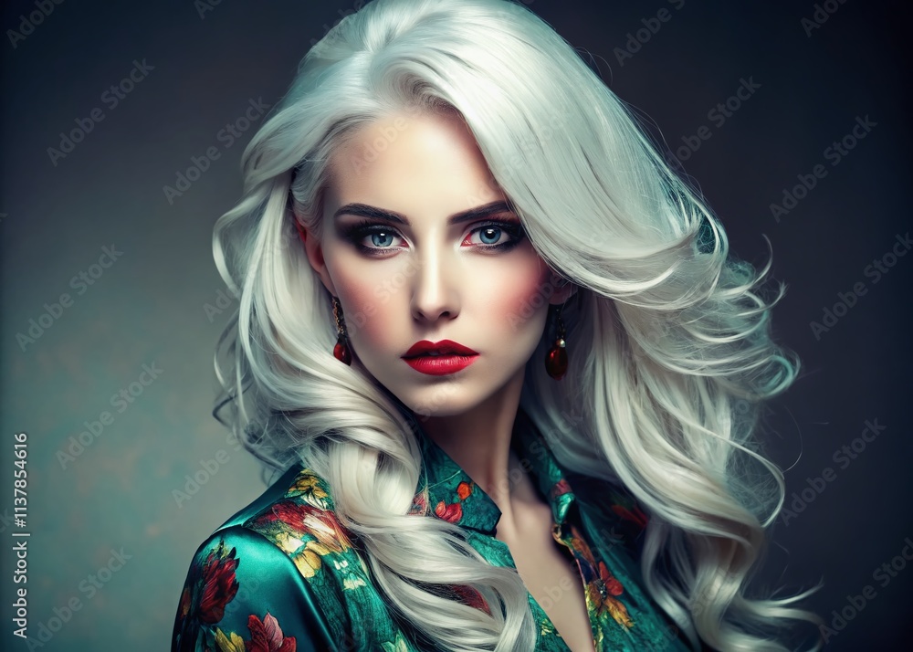Naklejka premium Stunning White Hair Girl Photoshoot: Elegant Portraits & Fashion Styles
