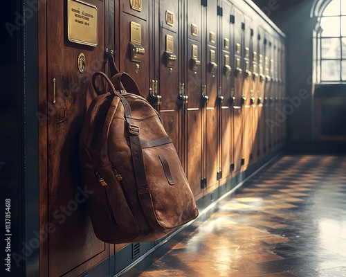 Vintage gym locker room with wooden lockers, brass handles, and name tags. A gym bag rests nearby as soft morning sunlight streams in, evoking nostalgia and warmth—ideal for vintage-inspired branding. photo