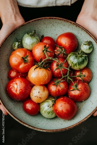 Fresh organic tomatoes in ceramic bowl held gently by hands