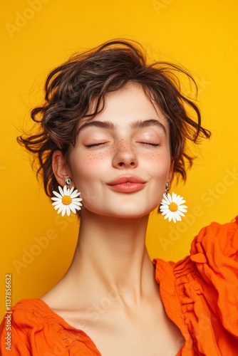 Joyful woman with freckles wearing daisy earrings against orange background