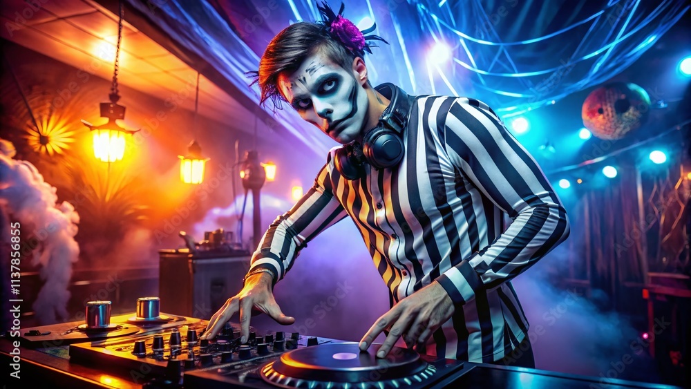Obraz premium Sultry Halloween DJ Costume, Striped Outfit, Party Music, Spooky Vibes, Night Club, DJ Girl, Halloween Party, Sexy Halloween, Costume Ideas