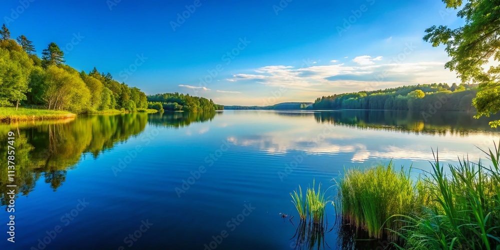 Obraz premium Summer Lake Wallpaper: Minimalist Photography, Calm Water, Blue Lake, Peaceful Scenery, Summer Background