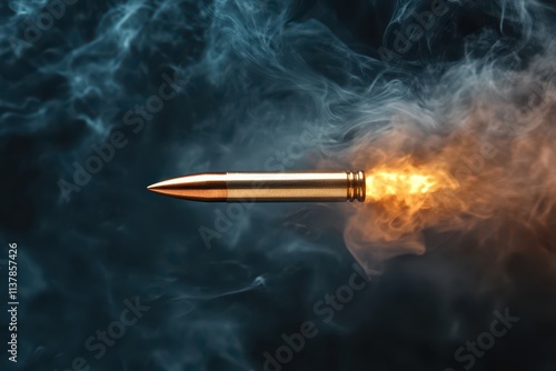 A bullet in mid-flight with a background of swirling smoke, emphasizing its sleek trajectory. photo