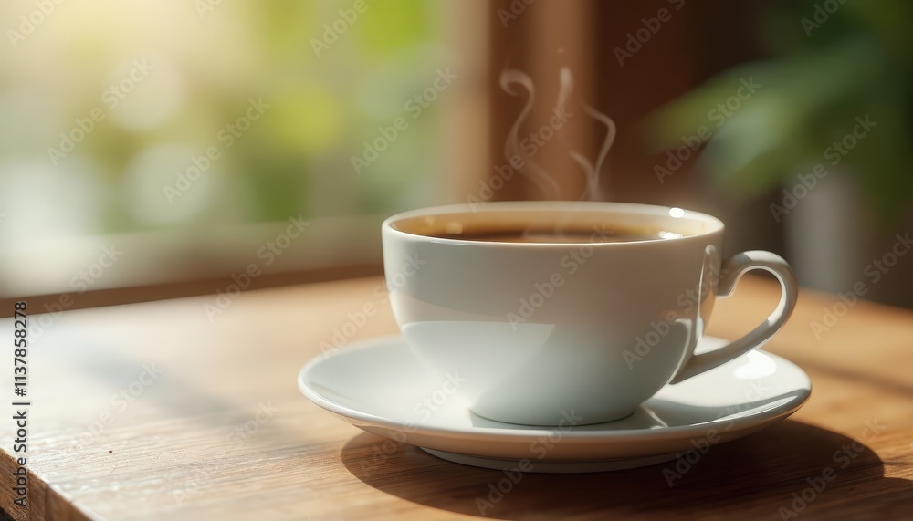 Fototapeta premium Steaming cup of coffee on a wooden table with soft morning light and a cozy atmosphere