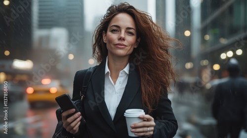 A businesswoman with wavy hair, wearing a classic tailored suit, holds a coffee cup while confidently checking her phone on a rain-soaked, bustling city street. photo