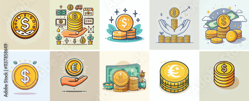 Vector set of coins with a simple and minimalist flat design style