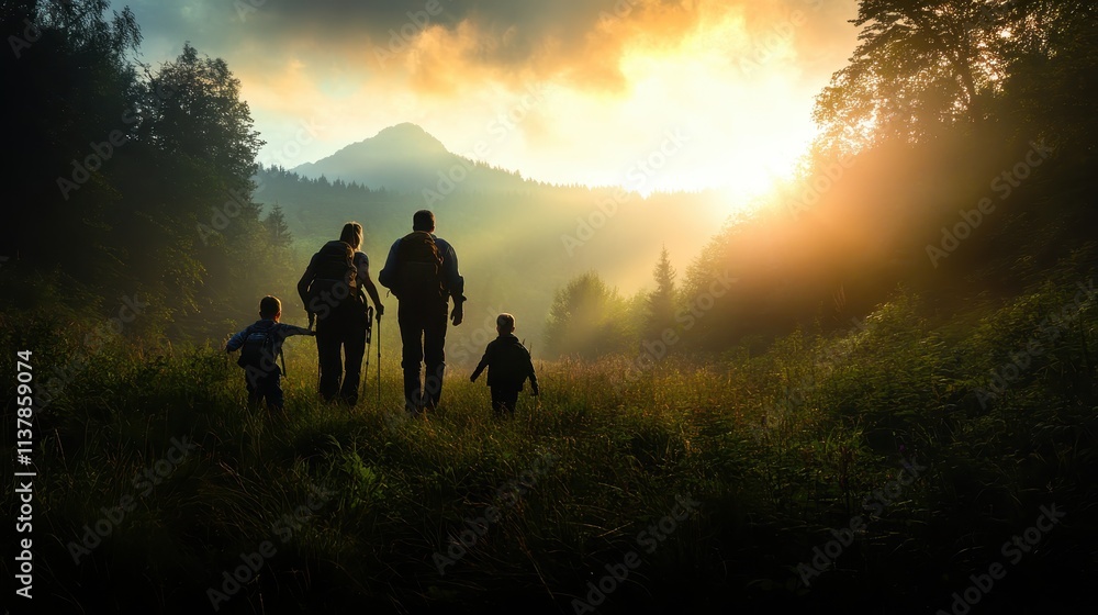 Fototapeta premium A family of four, silhouetted by a brilliant sunrise, hikes through a lush valley, surrounded by towering trees and majestic mountains in the distance.
