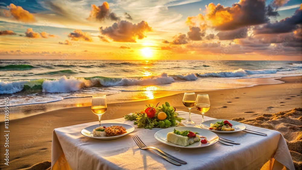 Fototapeta premium Sunset Beach Food Photography: Calm Sea, Meditative Meal, Coastal Cuisine