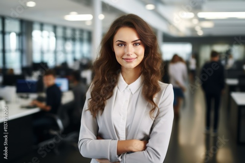 Free Download Portrait of a businesswoman smiling with folded arms in a busy office, showing confidence and professionalism - GFXLoad