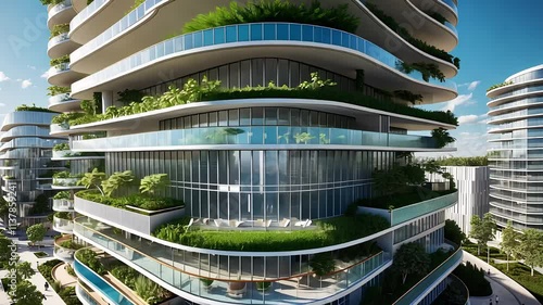 Modern Eco-Friendly Residential Building with Curved Balconies, Green Spaces, and Glass Architecture

 photo