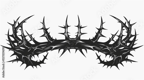 Crown of thorns, religious symbols, tattoo, wood engraving. Black crown of thorns silhouette isolated on white background. Vintage style, drawn black and white illustration. Thorn crown  photo