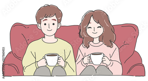 Valentine Coffee Date: A Romantic Moment Shared Over Warm Cups of Coffee.Vector illustration of couple drinking coffee on white background.