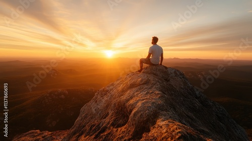 A man in a white shirt sits on a rocky mountain peak during sunrise, reflecting amidst a vast landscape and vivid sky, embodying tranquility and wonder. photo