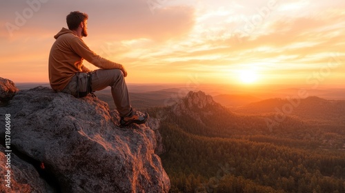 A solo adventurer perched on a rocky summit gazes contemplatively at a vibrant sunset, basking in the tranquility and solitude offered by the expansive vista below. photo