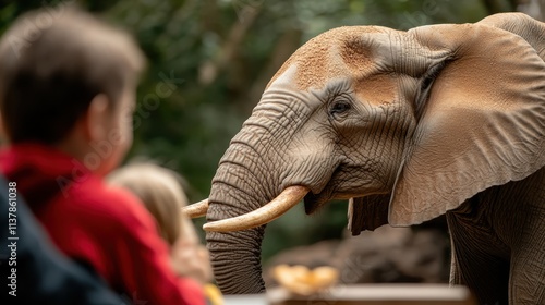 Children keenly watch an elephant amid nature, providing an engaging, educational experience that highlights the curiosity and innocence of youth interacting with wildlife. photo