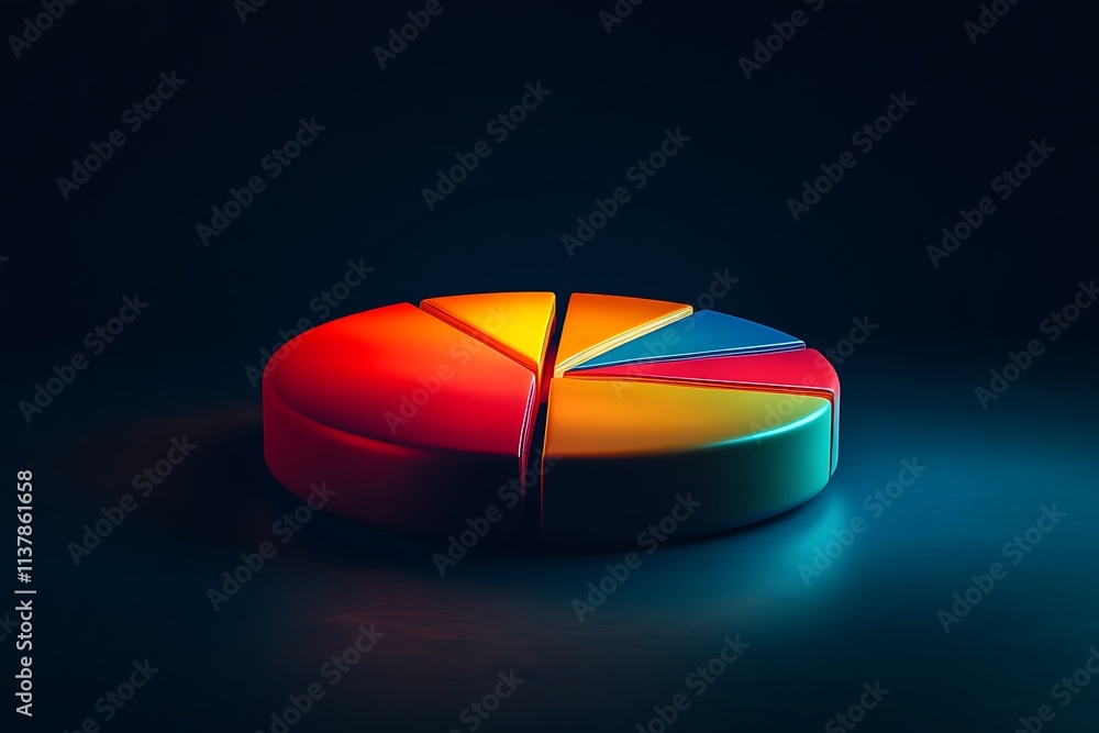 Fototapeta premium Silver 3D pie chart icon with red and blue segments on black background, perfect for business, technology, and office presentations