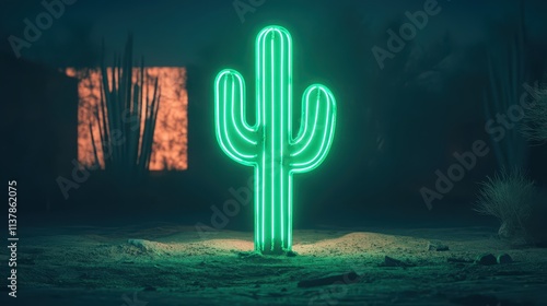 A neon green cactus sign glowing in the dark, creating a vibrant and modern desert ambiance. photo