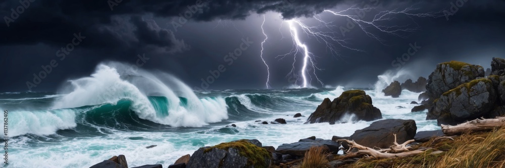 Fototapeta premium Stormy ocean waves crash against rocky shoreline during thunderstorm