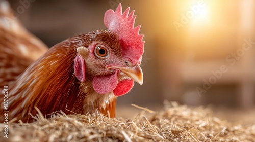 The image portrays a hen peacefully nestled on a bed of straw, with warm sunlight filtering through a barn, highlighting the tranquility of rural farm life and nature's serenity. photo