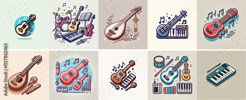 Vector set of musical instruments with a simple and minimalist flat design style