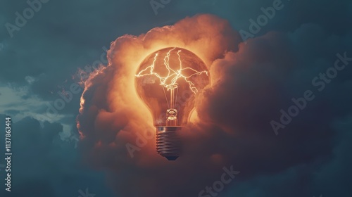 A lightbulb inside a cloud, with lightning bolts flashing from it, representing the sudden spark of a revolutionary idea, the upper half for text. photo