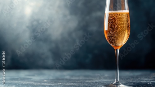 A sophisticated image of a champagne glass filled with bubbling golden liquid, set against a dark and softly blurred background with a sense of celebration and luxury. photo