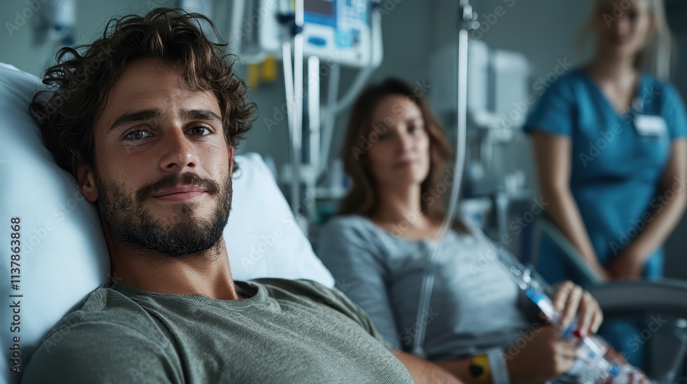 Obraz premium A young man lies gently on a hospital bed with an IV drip, showcasing a serene expression while a nurse stands by, indicating a calm, supportive healthcare environment.