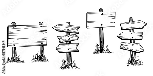 Wooden signpost with arrows pointing in different directions. Blank pointers on road, vector illustration