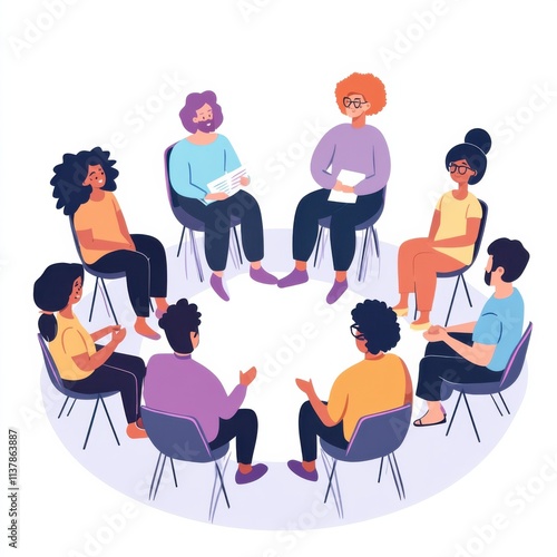 Diverse group therapy circle with people sharing and listening, supportive community building photo